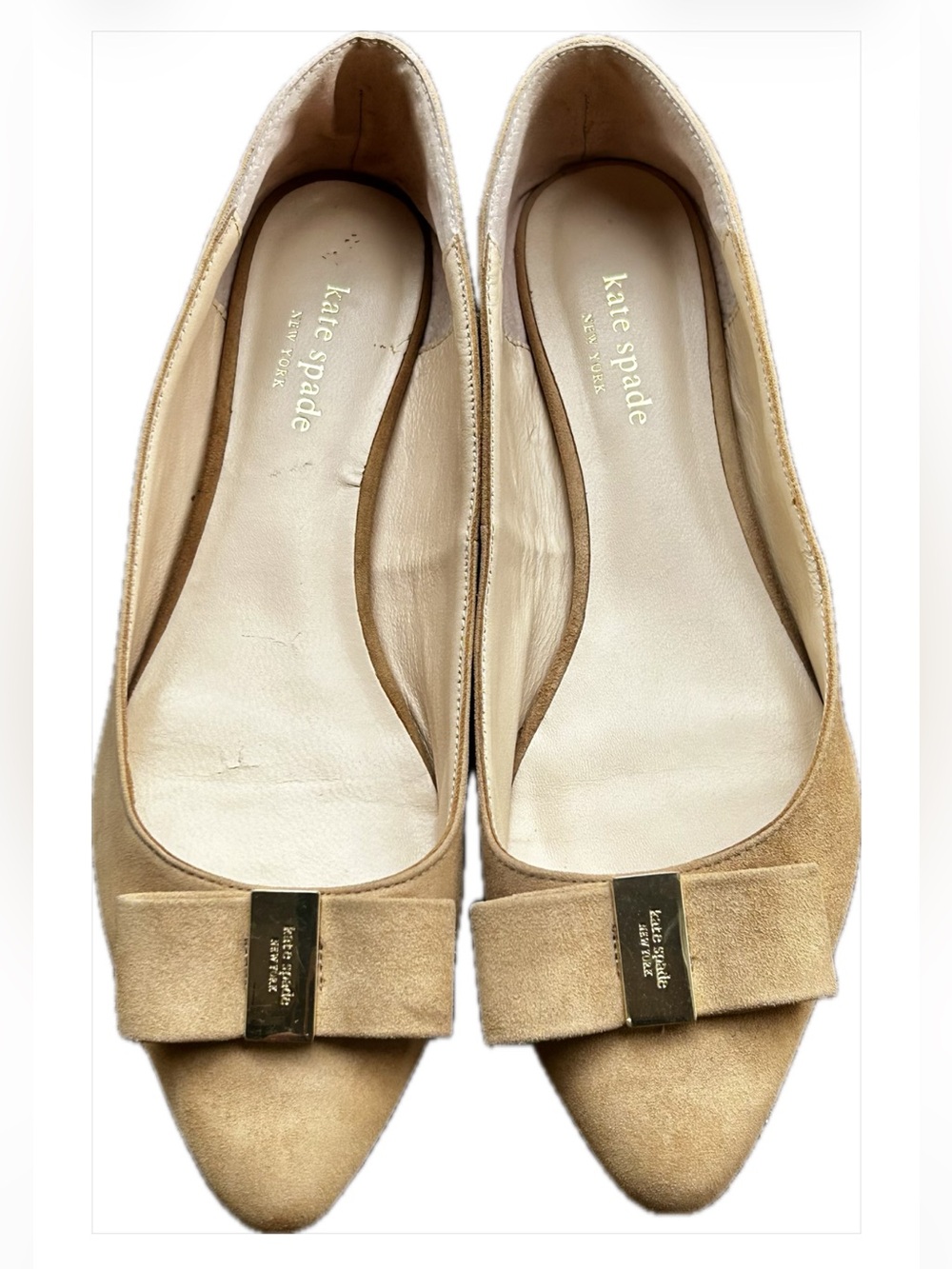 Kate Spade Tan Suede Bow Ballet Shoes with Gold Accents. Size 9.5